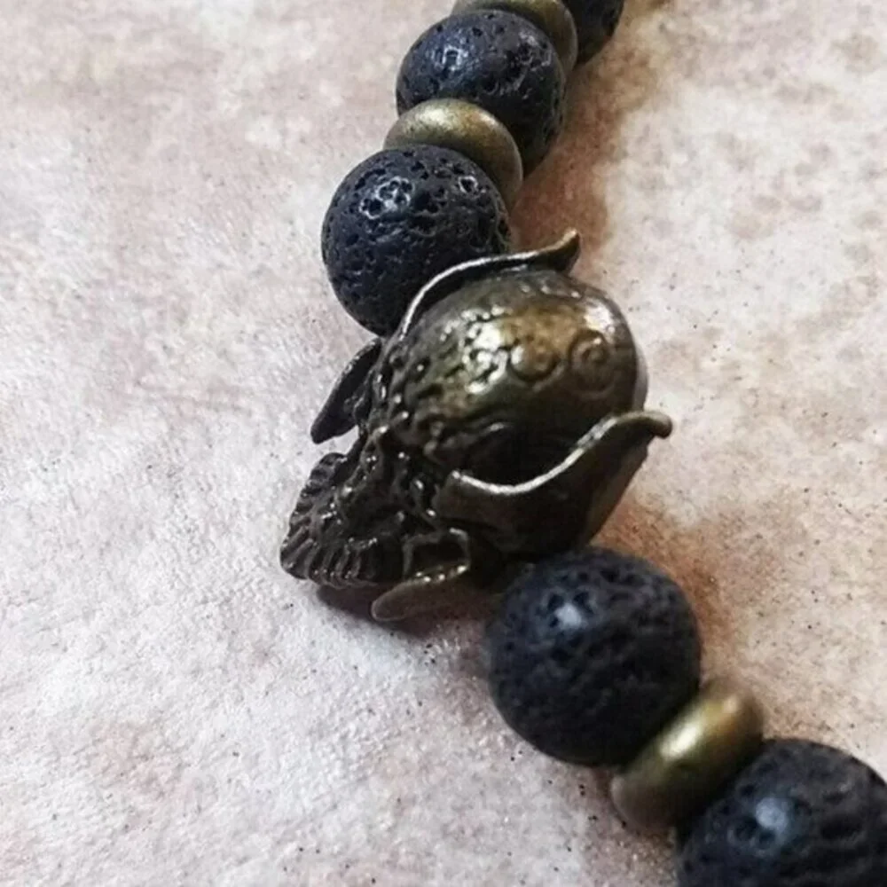 Alien Warrior Skull + Lava Rock Beads! Rugged Men's Bracelet! Biker Rocker Punk